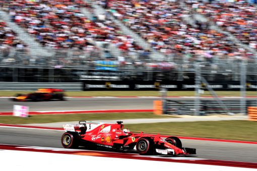 Foto Poster Sebastian Vettel tijdens de GP van Amerika, F1 Ferrari Team 2017