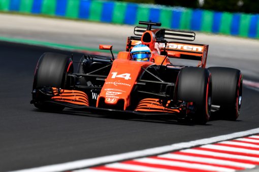 Foto Poster Fernando Alonso tijdens de GP van Hongarije, F1 McLaren Team 2017
