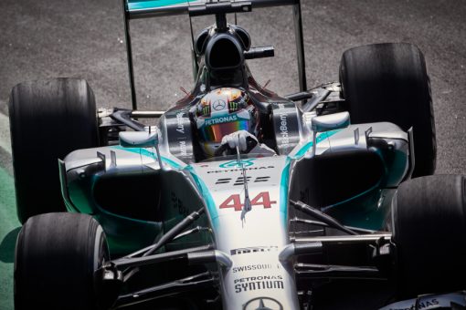 Foto Poster Lewis Hamilton tijdens de GP van Brazilie, F1 Mercedes Team 2014