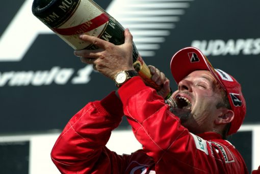 Foto Poster Rubens Barrichello op het podium, F1 Ferrari Team 2004