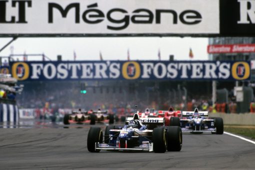 Foto Poster Damon Hill in actie tijdens de GP van Engeland, F1 Williams Team 1996