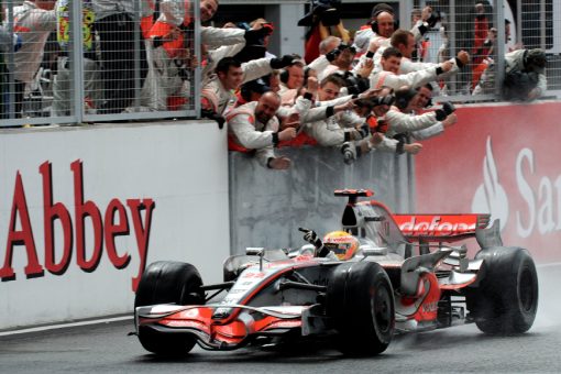 Foto Poster Lewis Hamilton tijdens de GP van Engeland, F1 McLaren Team 2008
