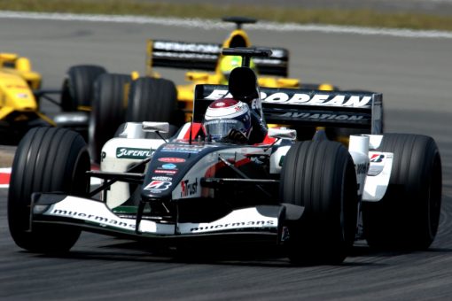 Foto Poster Jos Verstappen tijdens de GP van Europa, F1 Minardi Team 2003