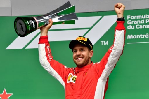 Sebastian Vettel - Ferrari Winnaar van de GP van Canada - Montreal Formule 1 Seizoen 2018.  Foto is te bestellen als Poster, Ingelijst, Acrylglas, Alu-Dibond, Canvas, Forex of maak je eigen F1 Puzzel. Haal de Formule1 in huis met F1 Behang.